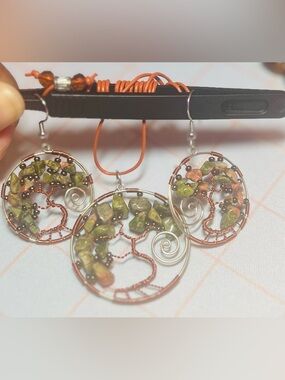 EARTHBOUND Green & Copper Tree of Life Necklace & Hoop Earrings Set